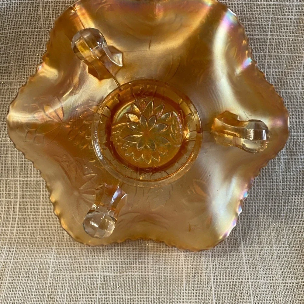 Antique Dugan Marigold Carnival Glass Garden Path Footed Ruffled Bowl